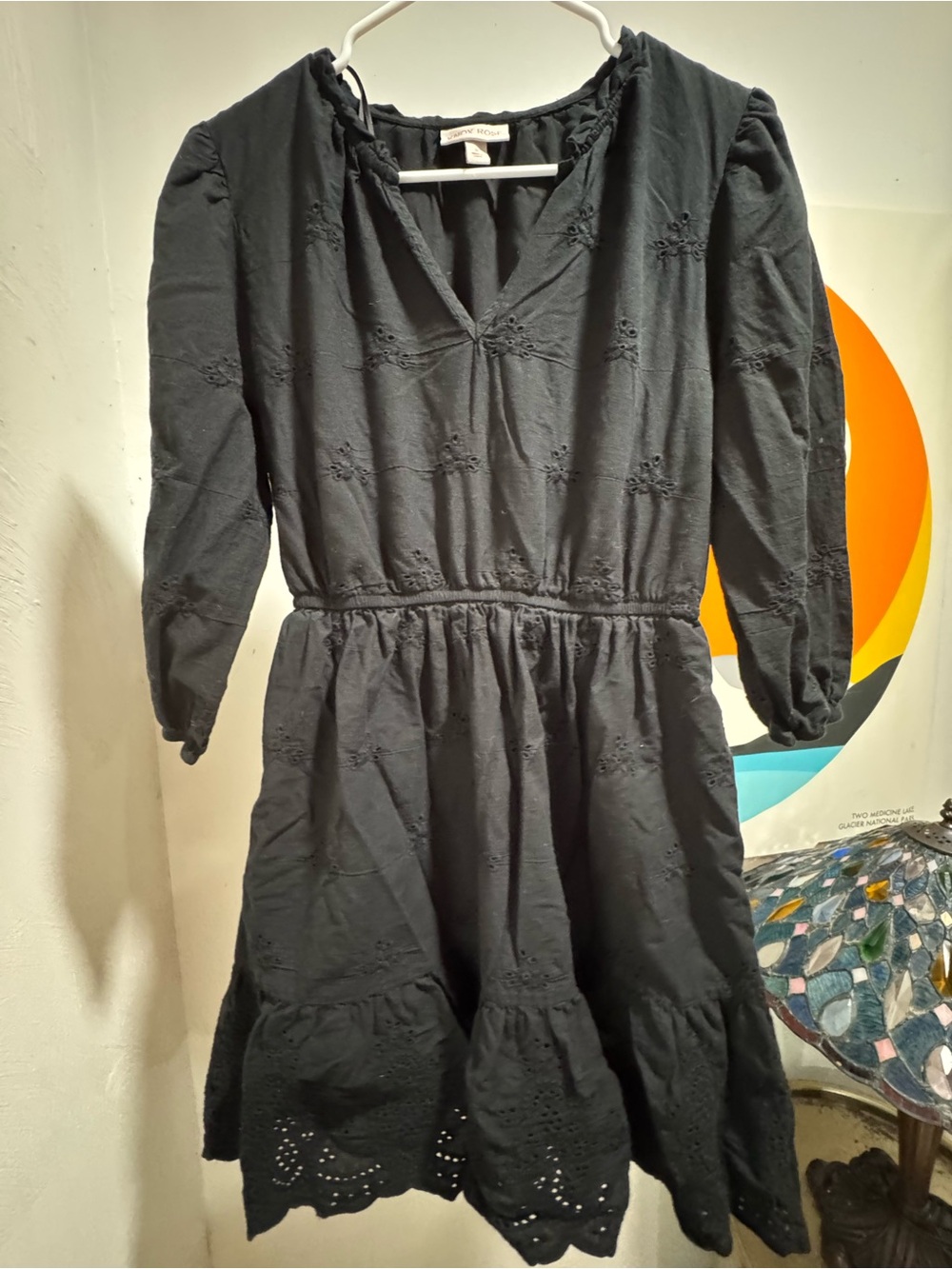 Knox Rose Black Eyelet V-Neck Long Sleeve Midi Dress